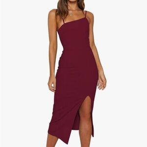 Burgundy Women’s adjustable spaghetti strap midi bodycon cocktail dress
